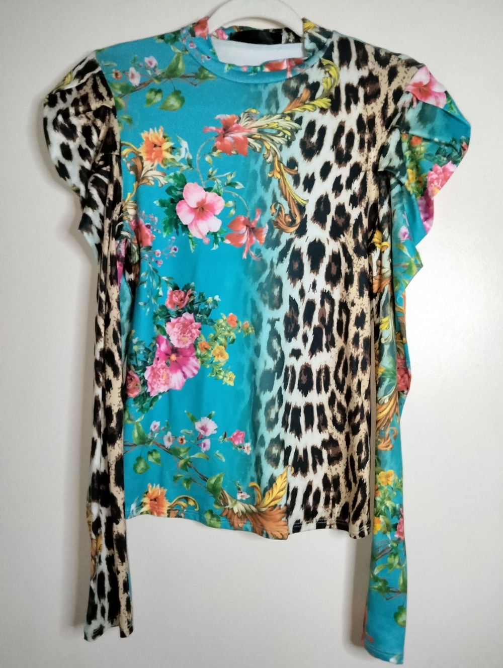 Gabby Grace (Size M) Turquoise Floral & Leopard Print Stretch Long Sleeve Blouse - Picture 7 of 8